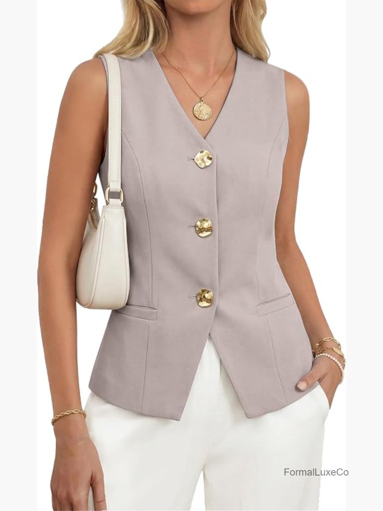 Sleeveless Vest V Neck Button Down Formal Blazer For Work Business Casual
